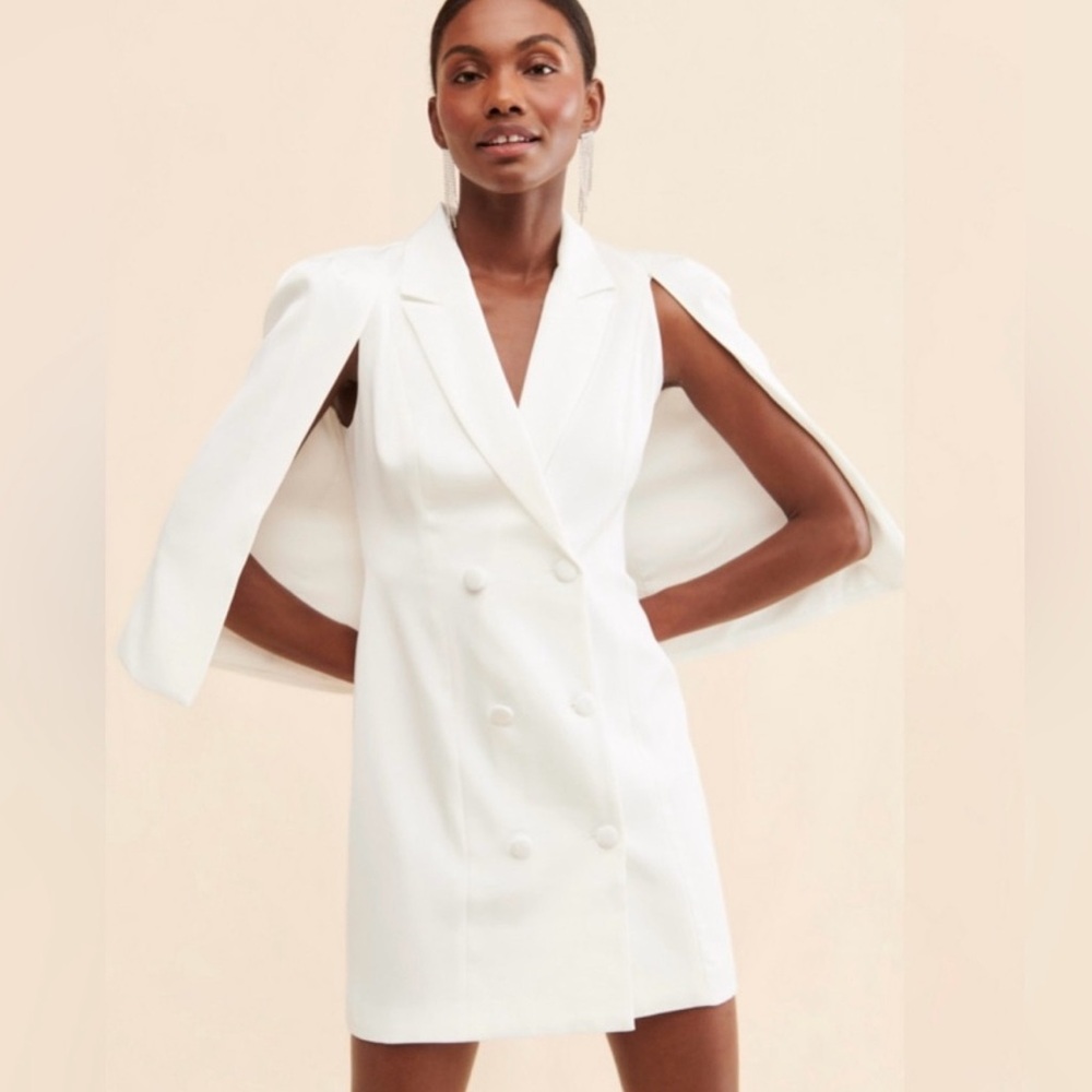White Double-Breasted Cape Sleeve Dress